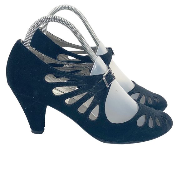 Aj Valenci Shoes - AJ Valenci Womens Size 8 Mary Jane 2.5" Heels Pumps Cutouts Buckle Black Suede